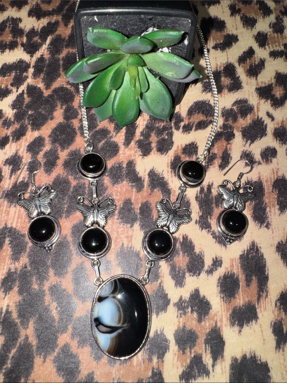 Silver Butterfly Black Agate & Onyx Jewelry Set